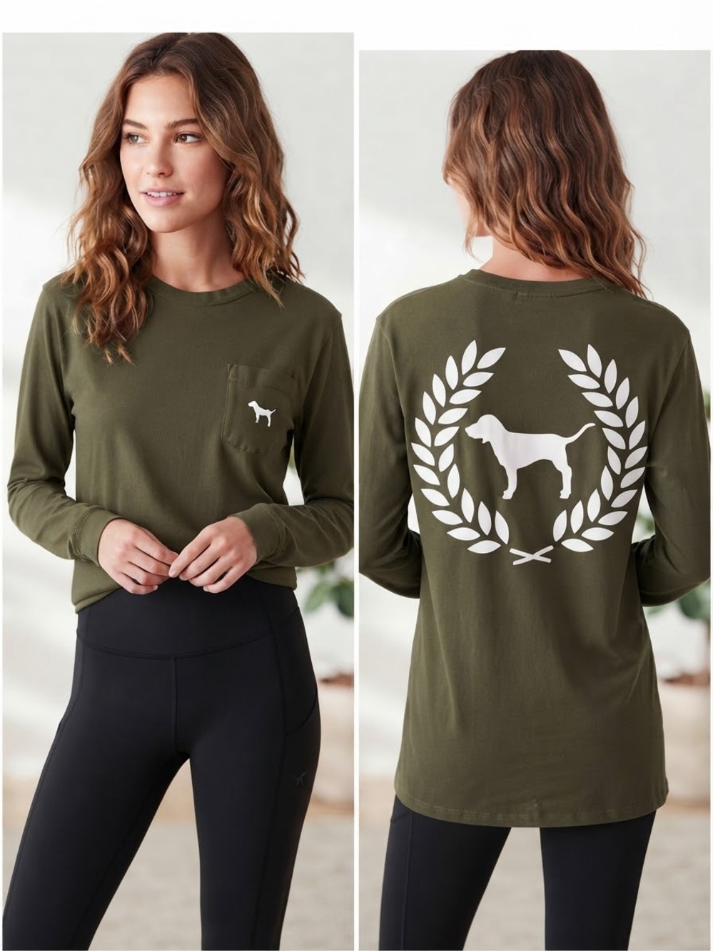 PINK Victoria's Secret Olive Green Long-Sleeve Tee with White Dog Crest